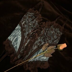 Elegant Fredericks Lace Trimmed Blue and Black Teddy